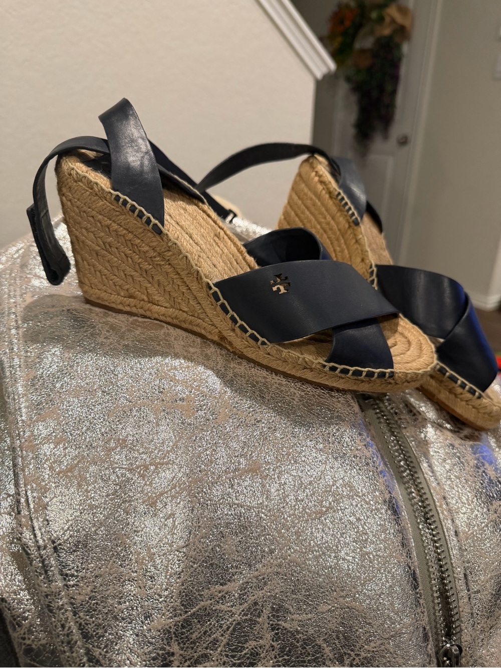 Tory Burch Navy Leather Espadrille Wedge Sandals with Gold Logo